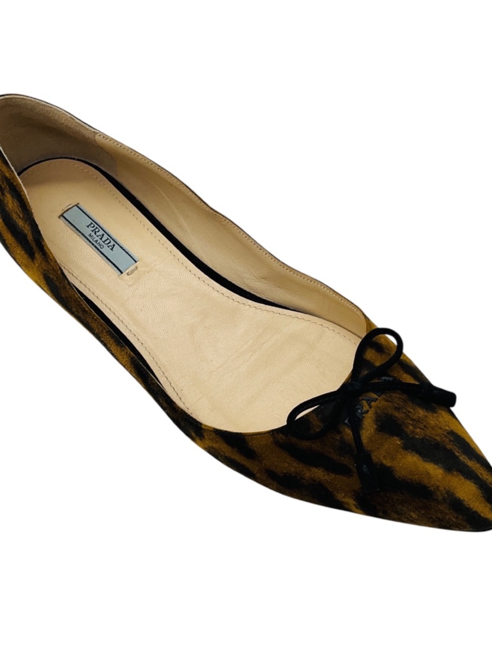PRADA BROWN / BLACK ANIMAL PRINT POINTED TOE SUEDE FLATS WITH BOW DETAIL
